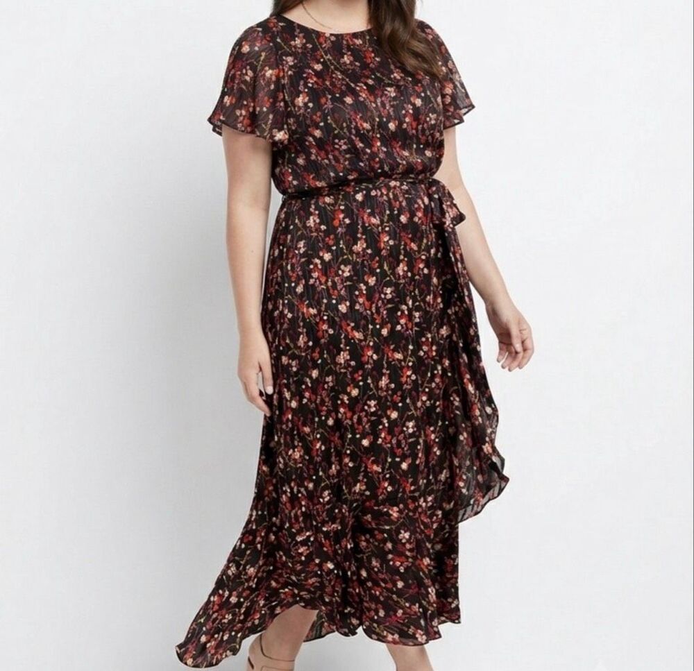Lane Bryant Black Multicolor Floral Print High Neck Belted Maxi Dress Size 22
